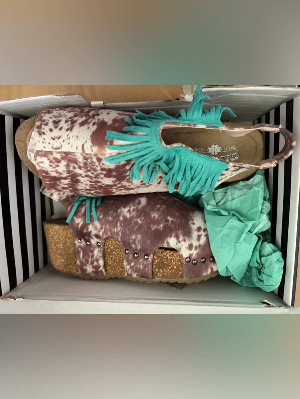 Crazy Train Brown & Turquoise Fringe Wedge Sandals